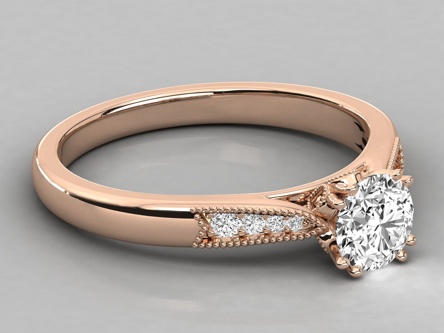 Round Accented French Bead Engagement Diamond Ring