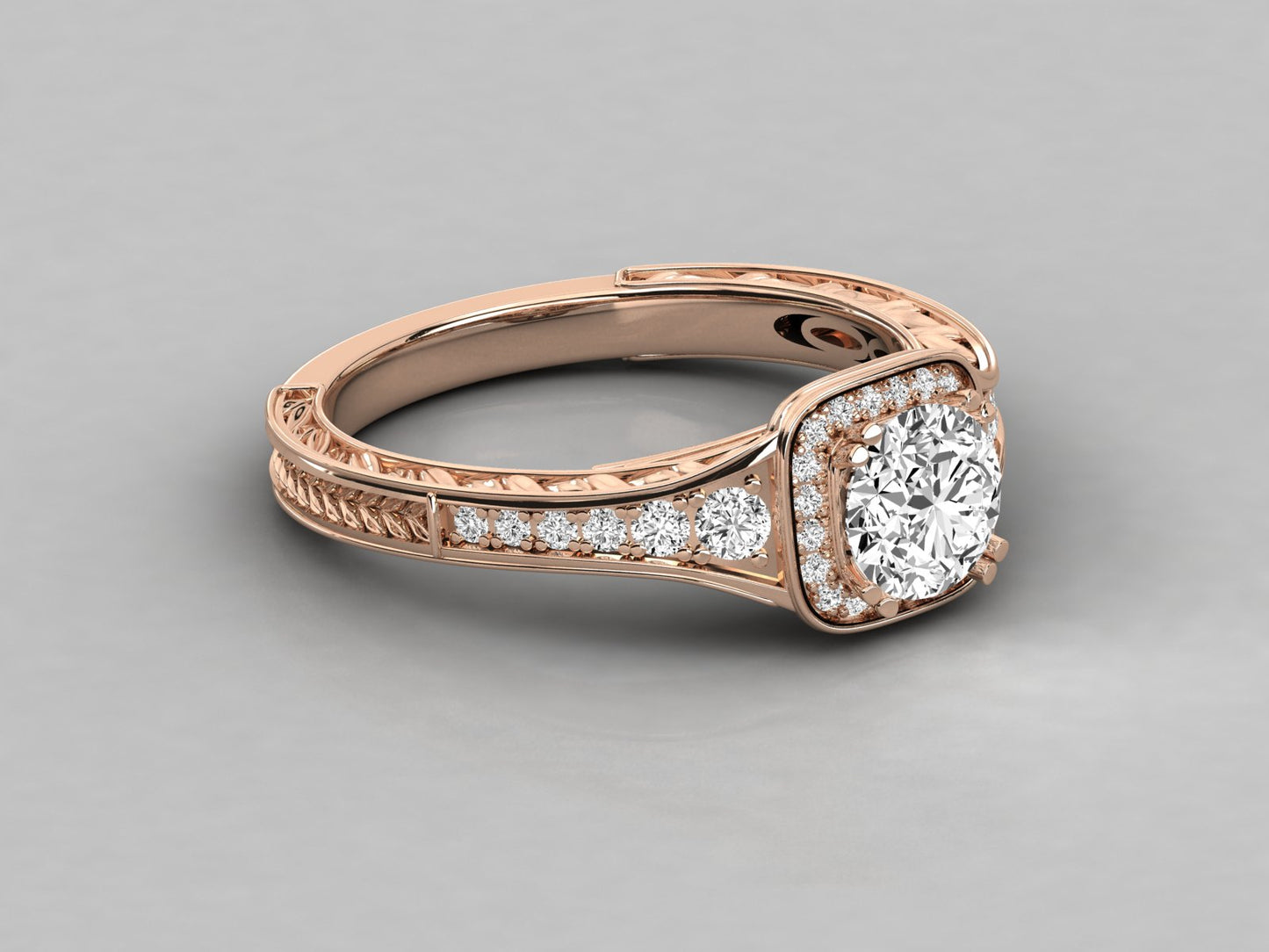Round Halo Engraved Engagement Diamond Ring