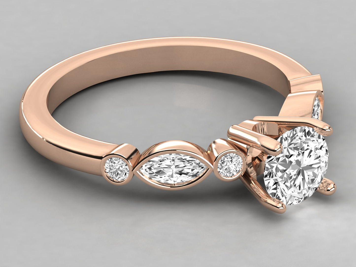 Round Accented Marquise Bezel Engagement Diamond Ring
