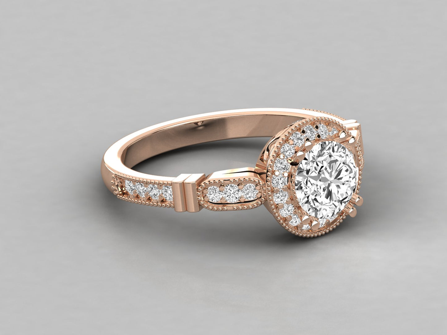 Round Halo Accented French Bead Engagement Diamond Ring