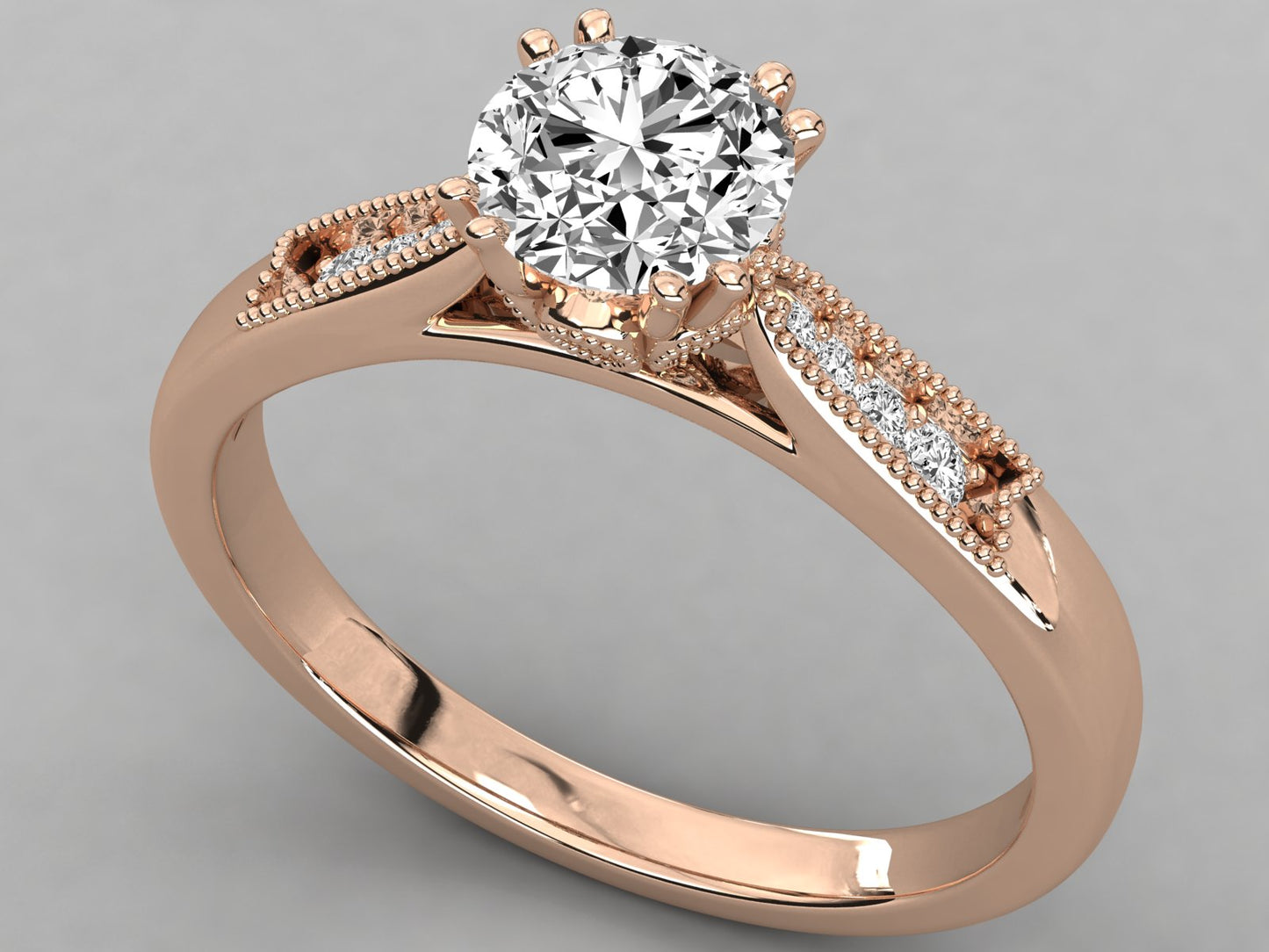 Round Accented French Bead Engagement Diamond Ring