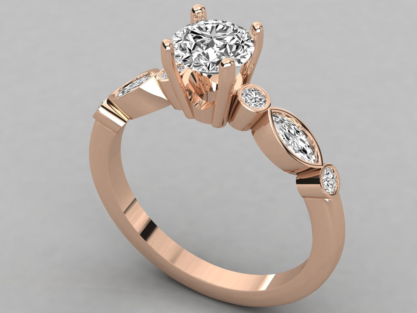 Round Accented Marquise Bezel Engagement Diamond Ring
