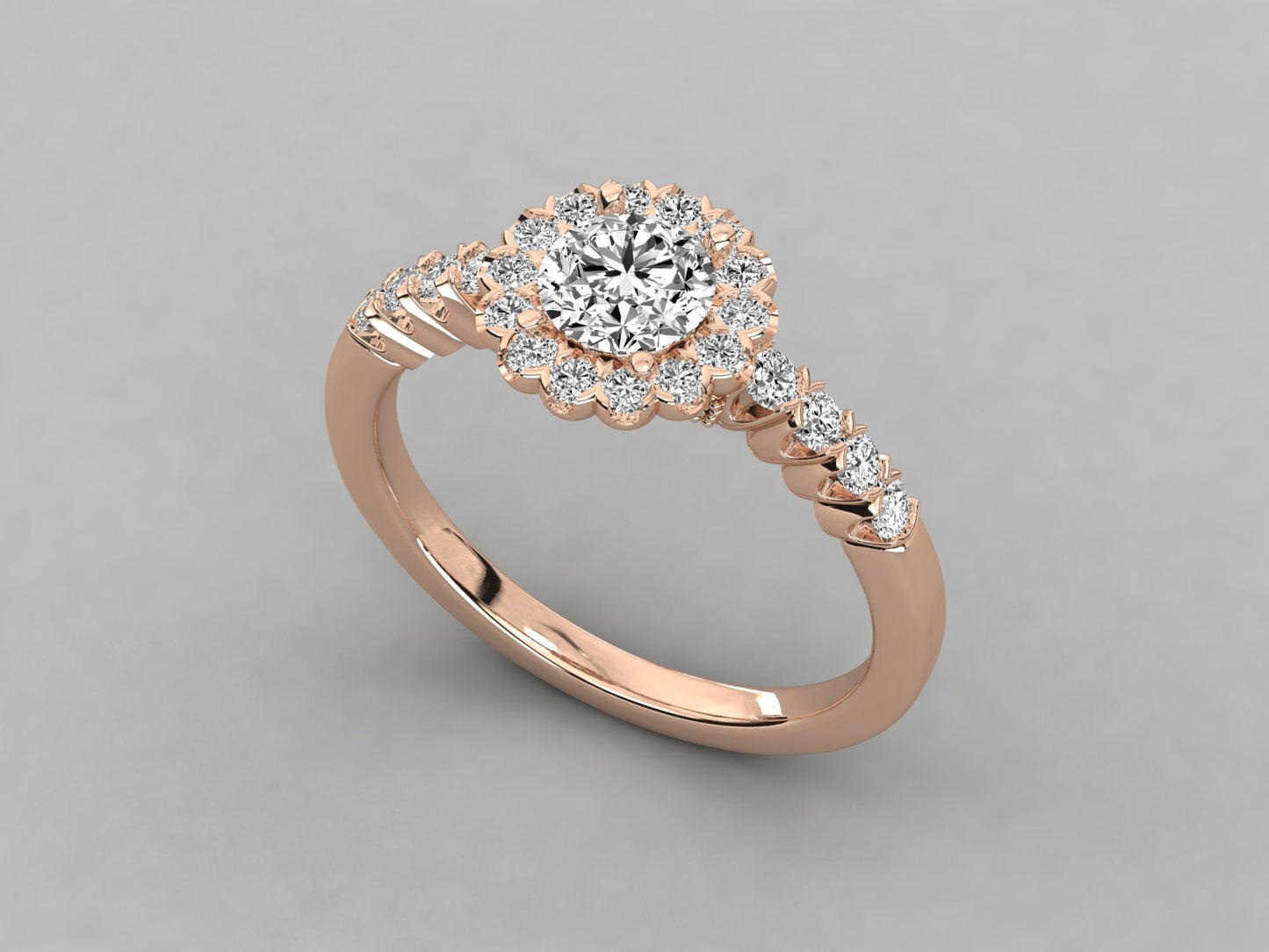 Round Flower Halo Accented Engagement Diamond Ring