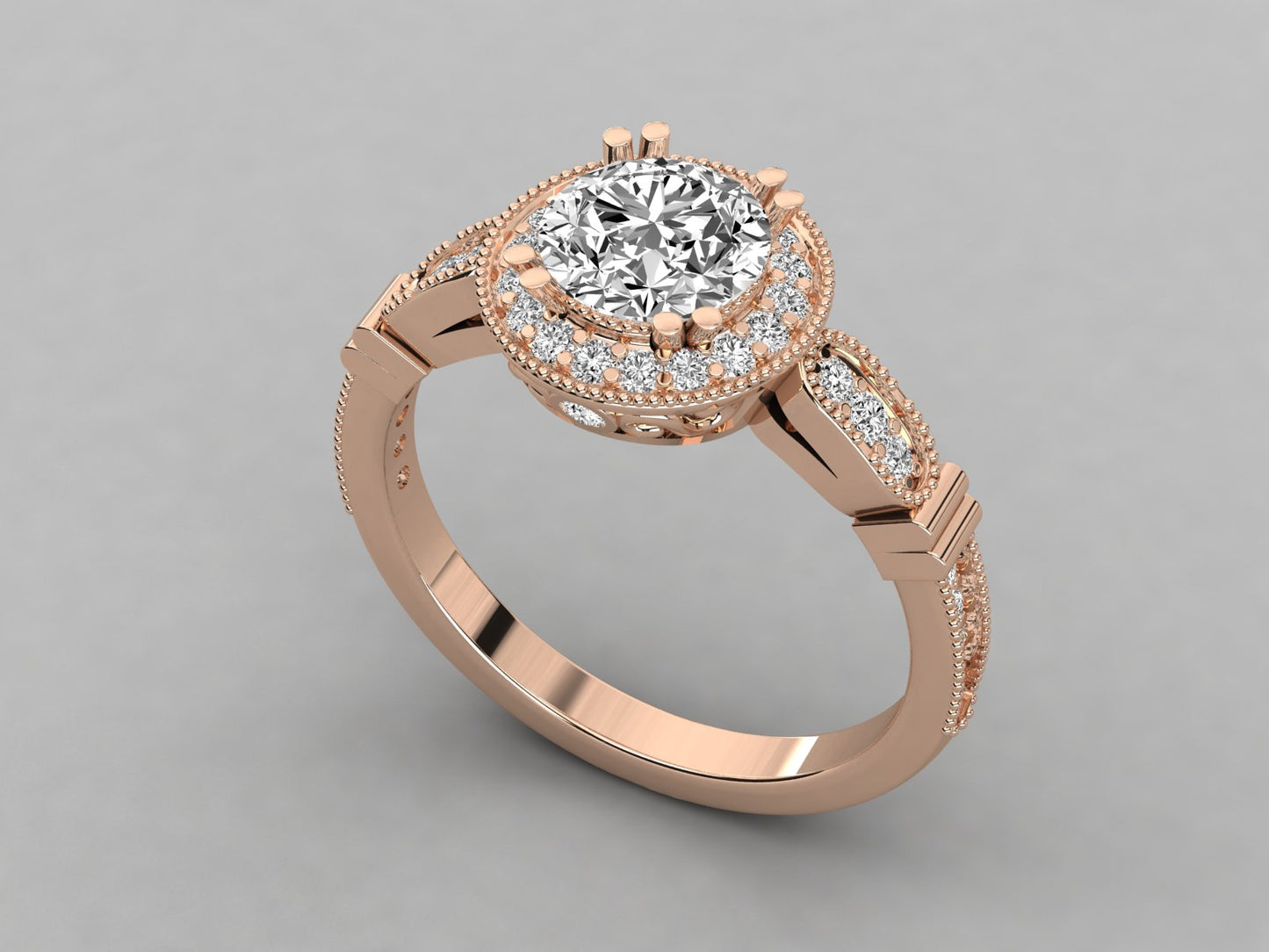 Round Halo Accented French Bead Engagement Diamond Ring