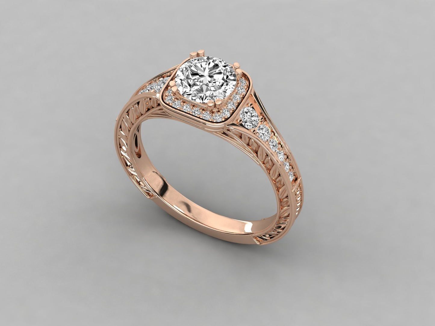 Round Halo Engraved Engagement Diamond Ring