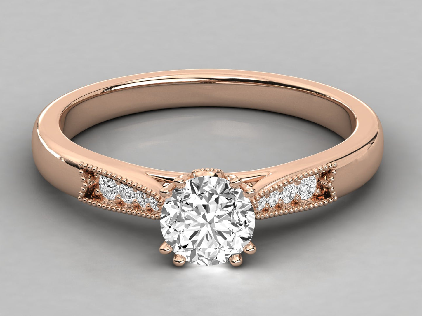 Round Accented French Bead Engagement Diamond Ring
