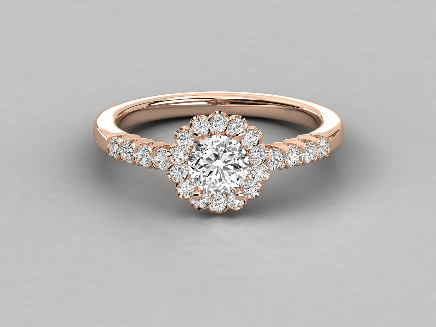 Round Flower Halo Accented Engagement Diamond Ring