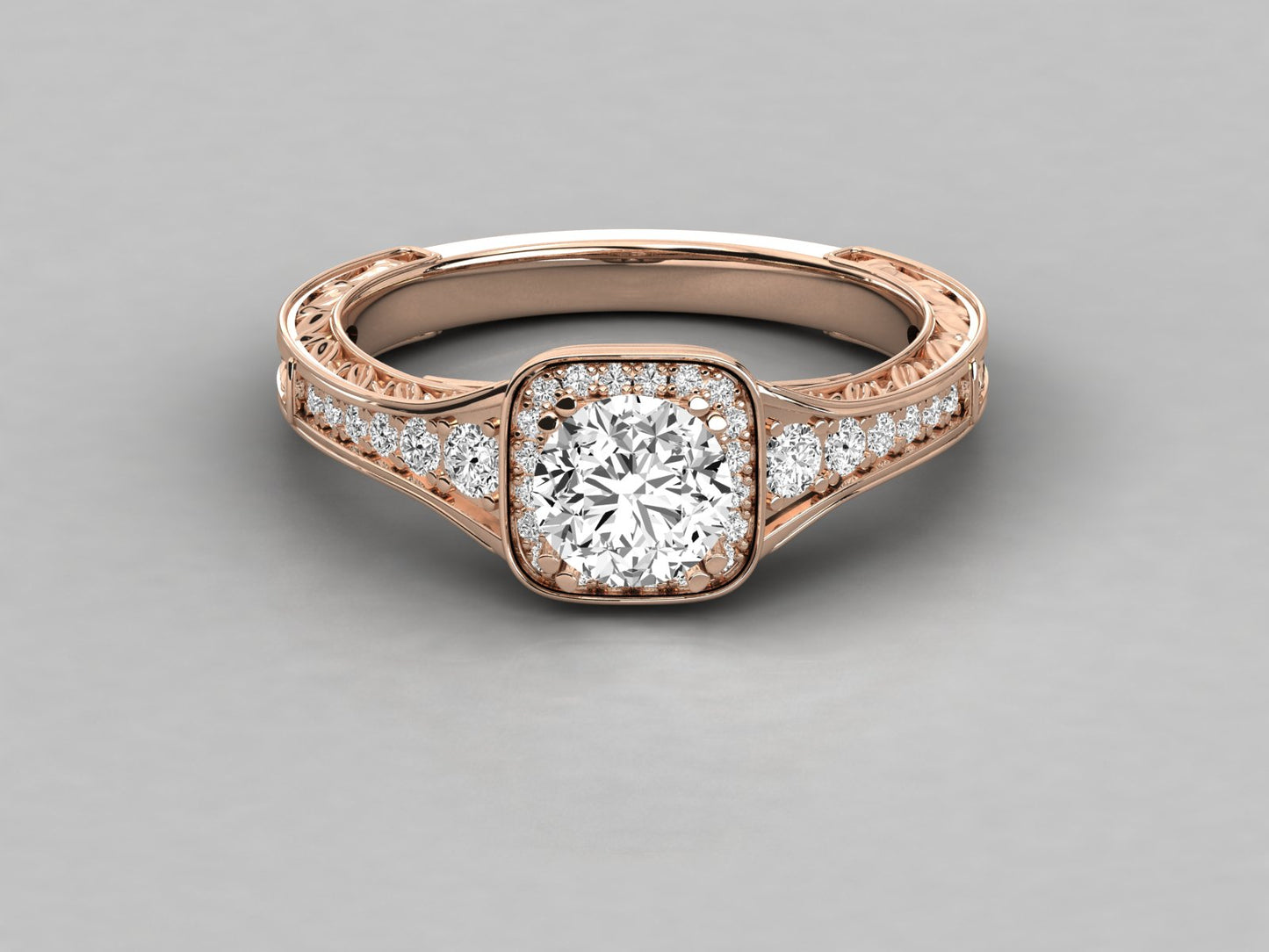 Round Halo Engraved Engagement Diamond Ring