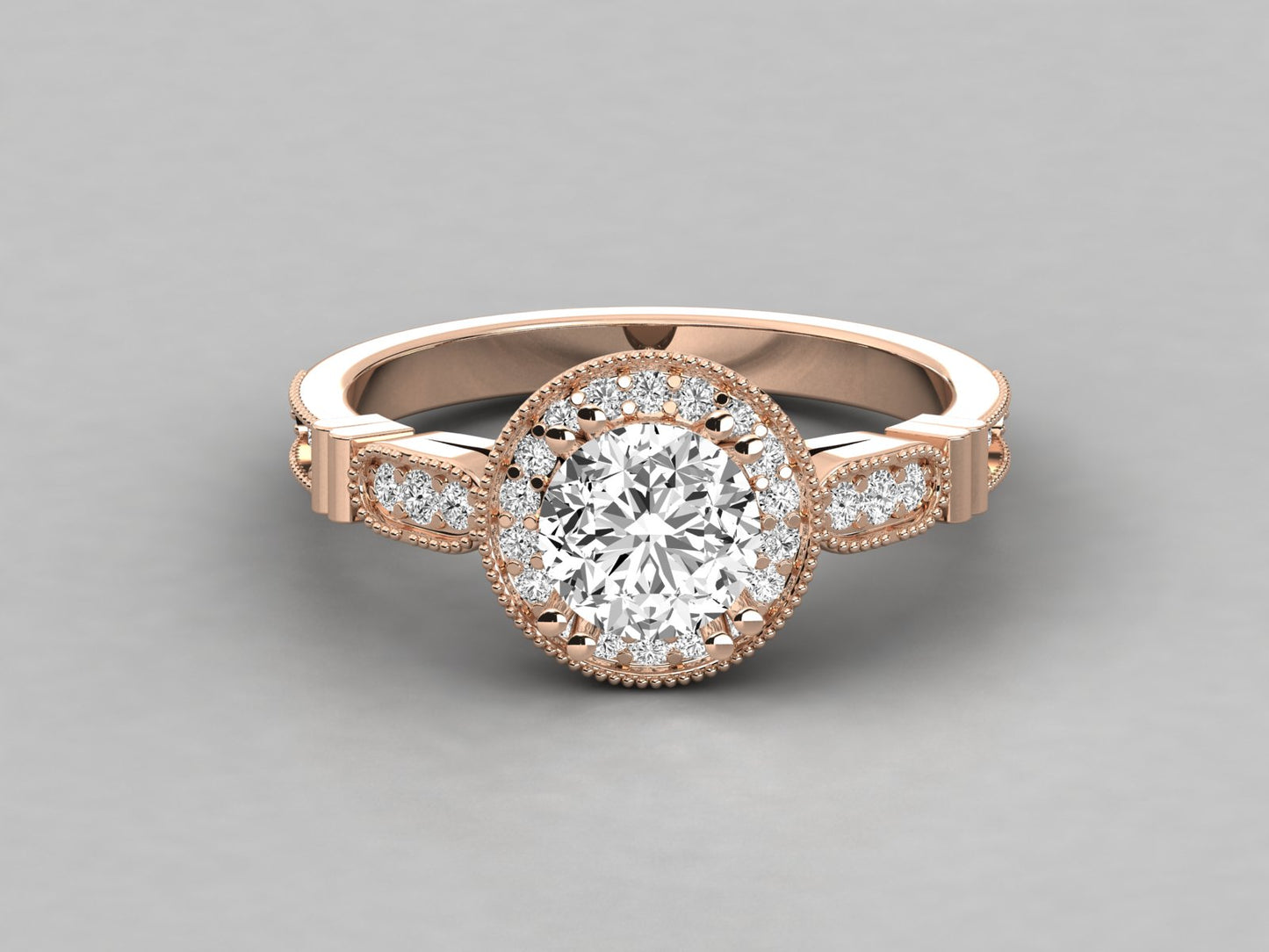 Round Halo Accented French Bead Engagement Diamond Ring