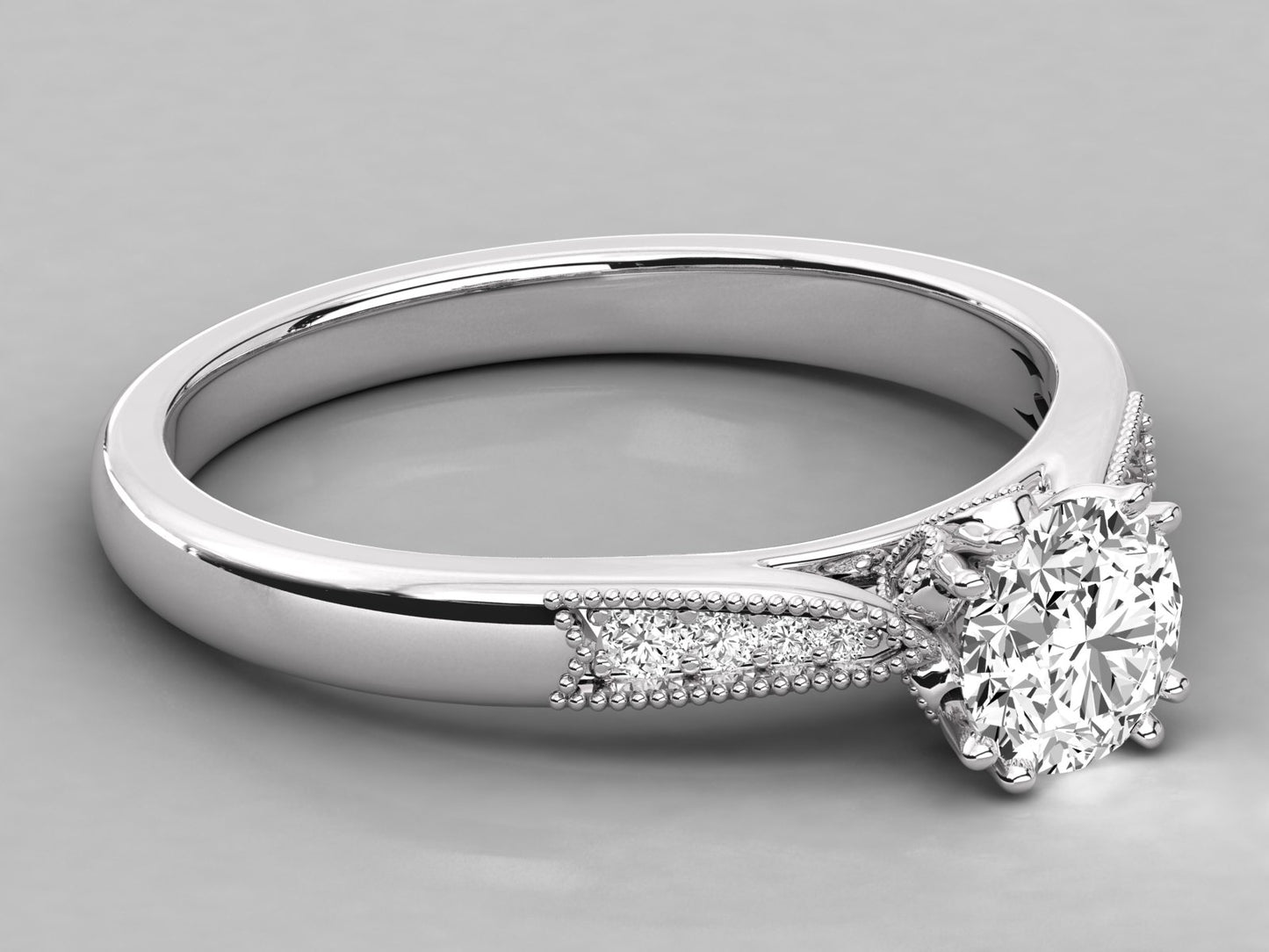 Round Accented French Bead Engagement Diamond Ring