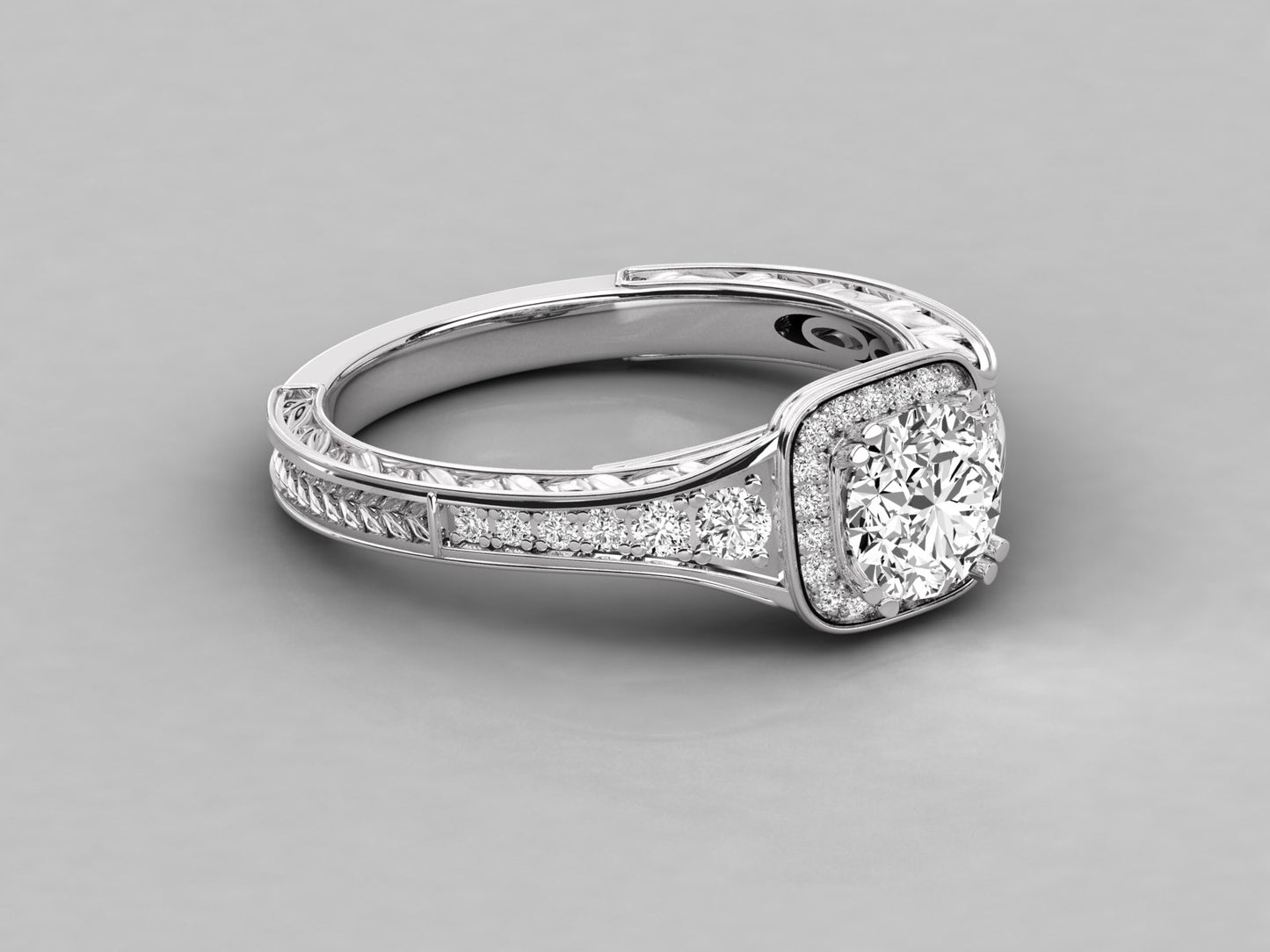 Round Halo Engraved Engagement Diamond Ring