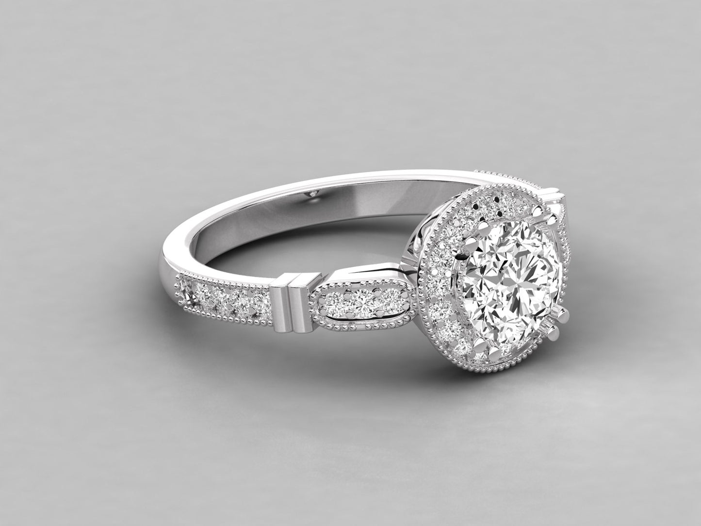 Round Halo Accented French Bead Engagement Diamond Ring
