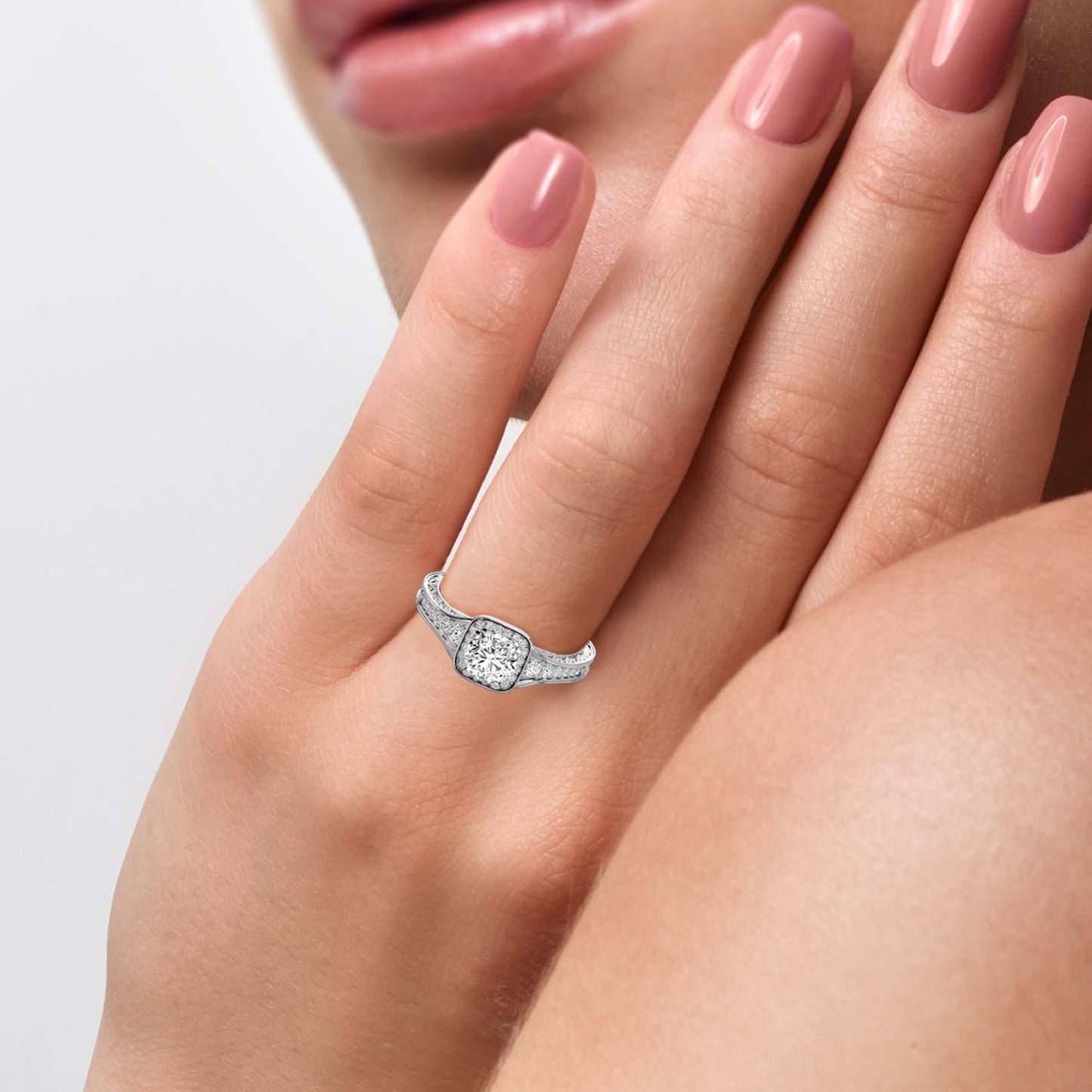 Round Halo Engraved Engagement Diamond Ring
