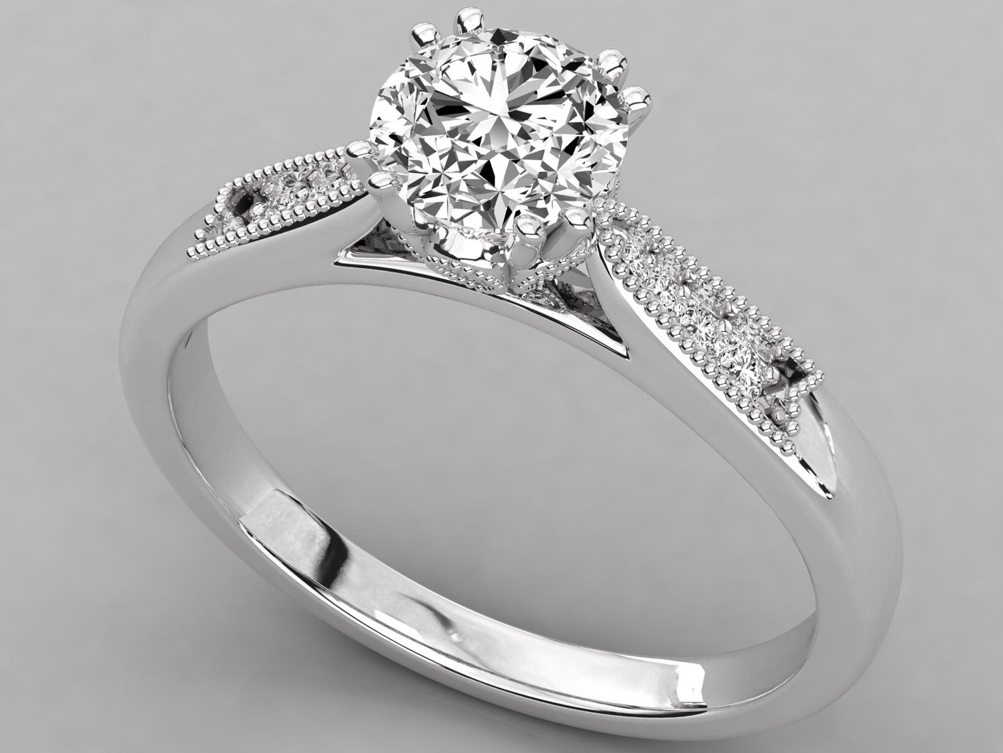 Round Accented French Bead Engagement Diamond Ring