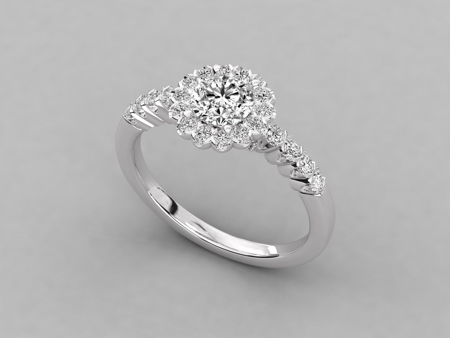 Round Flower Halo Accented Engagement Diamond Ring