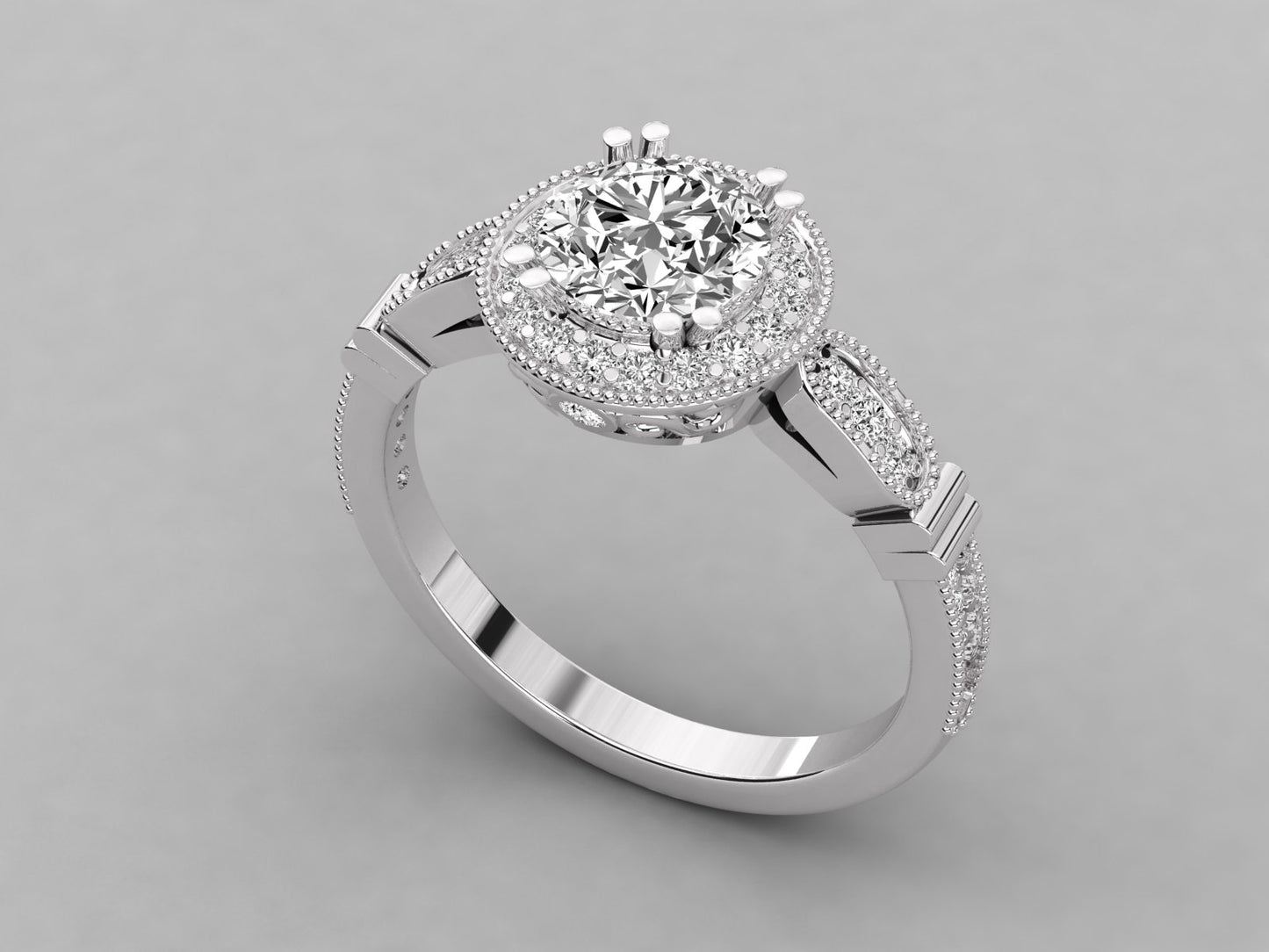 Round Halo Accented French Bead Engagement Diamond Ring