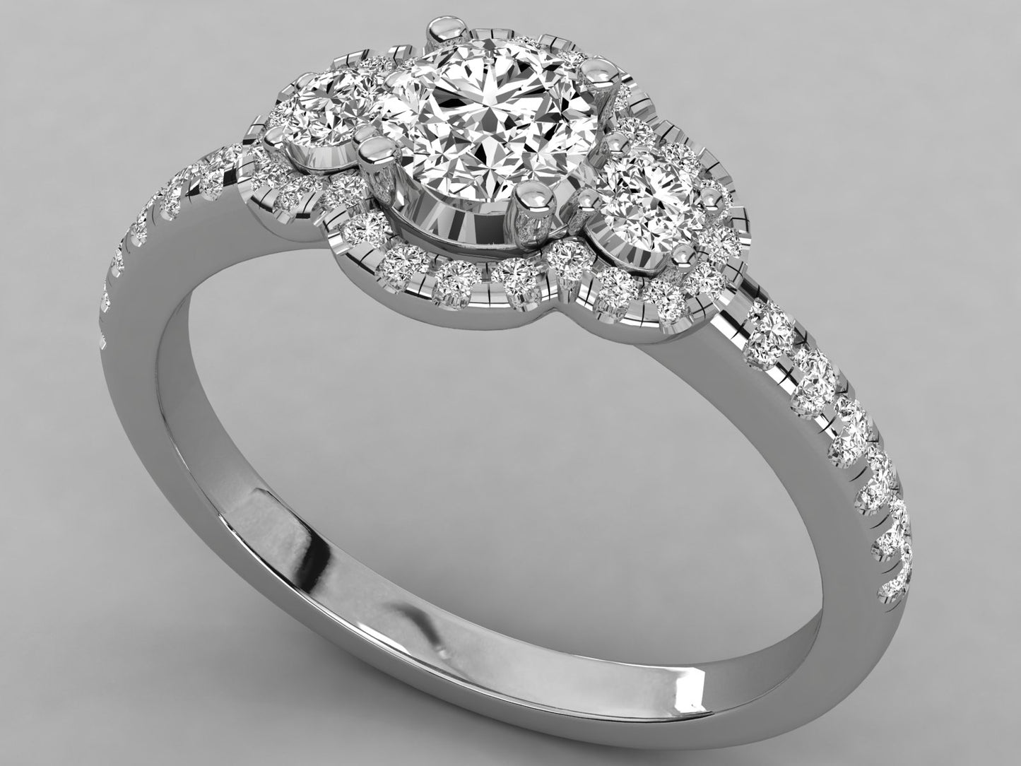 Trio Halo Accented Engagement Diamond Ring