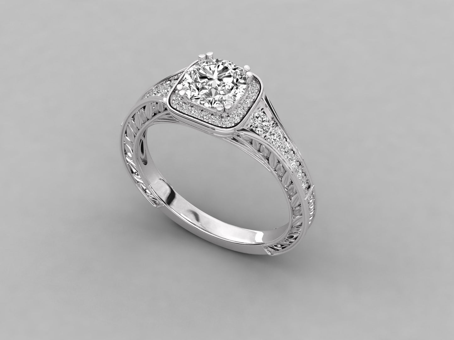 Round Halo Engraved Engagement Diamond Ring
