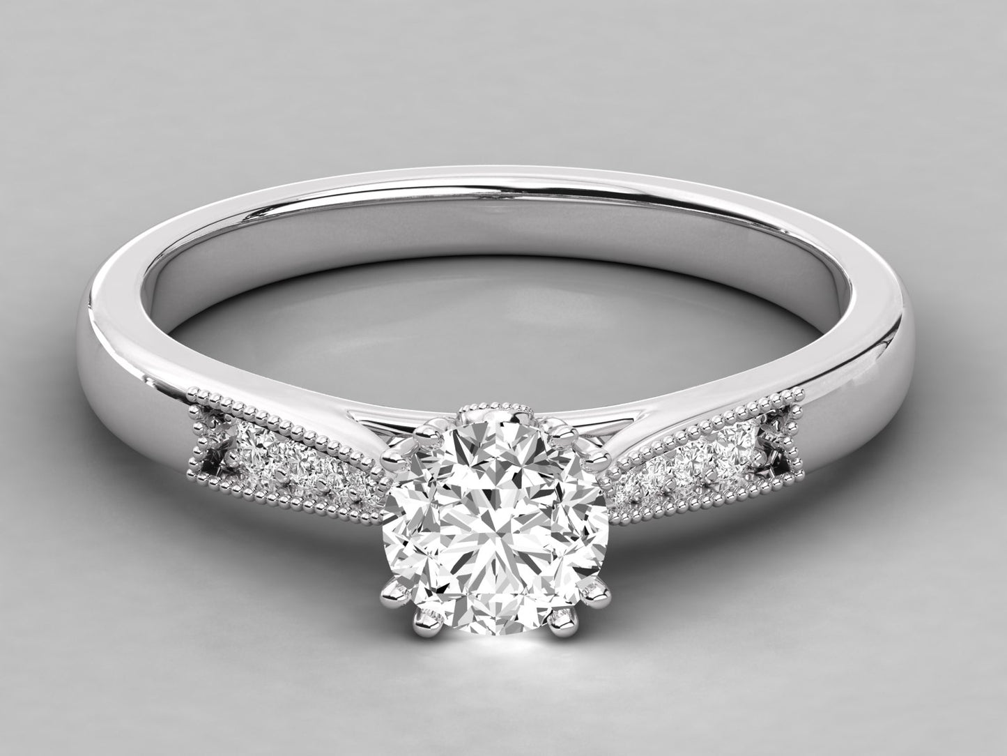 Round Accented French Bead Engagement Diamond Ring