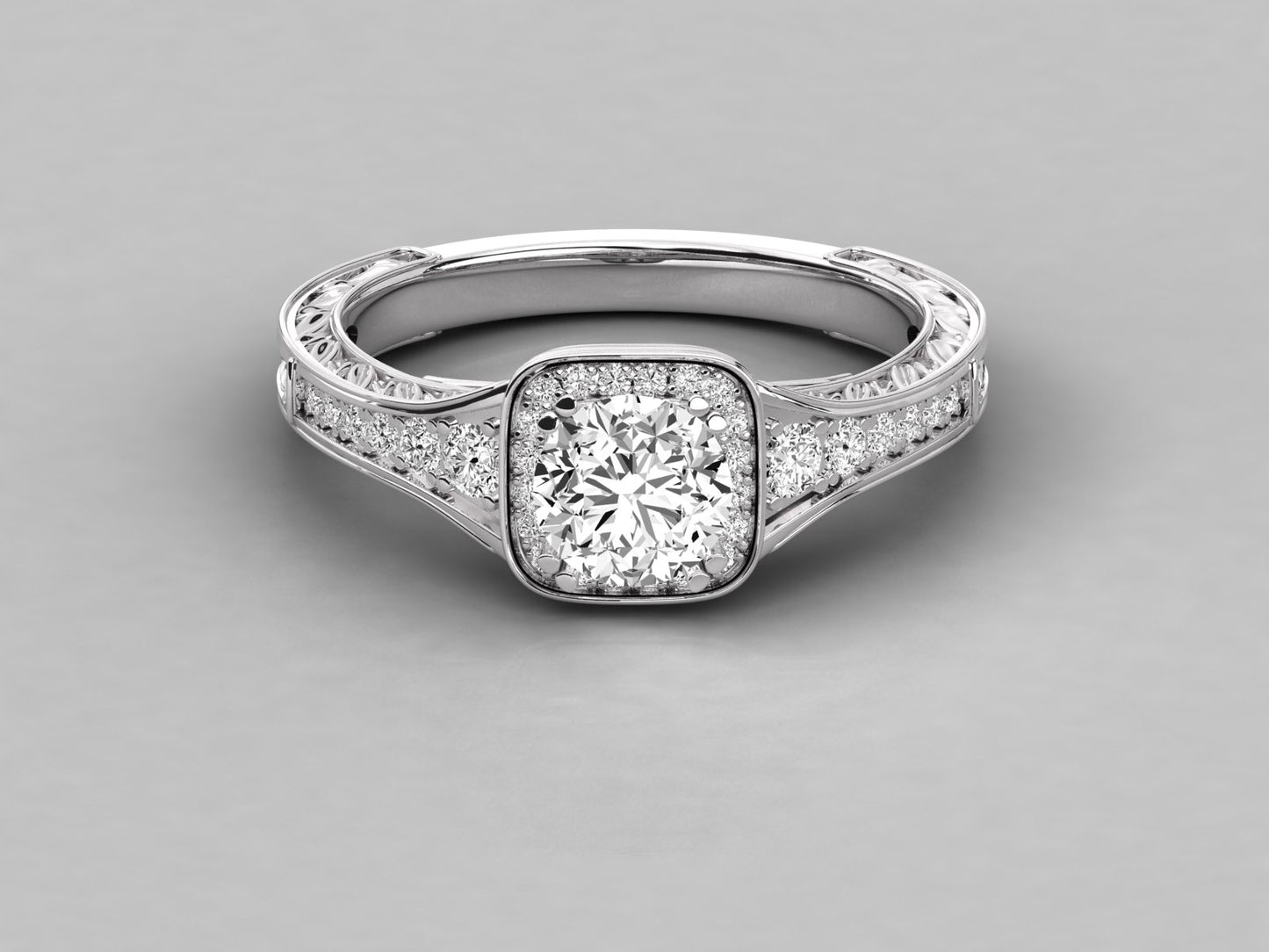 Round Halo Engraved Engagement Diamond Ring
