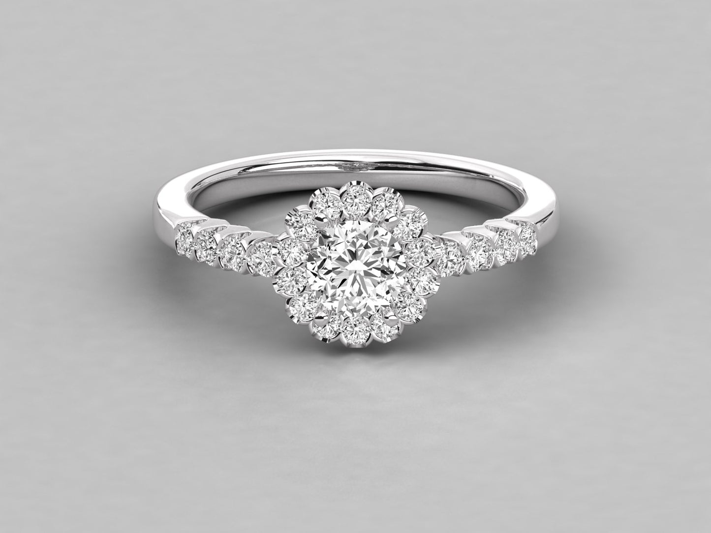 Round Flower Halo Accented Engagement Diamond Ring