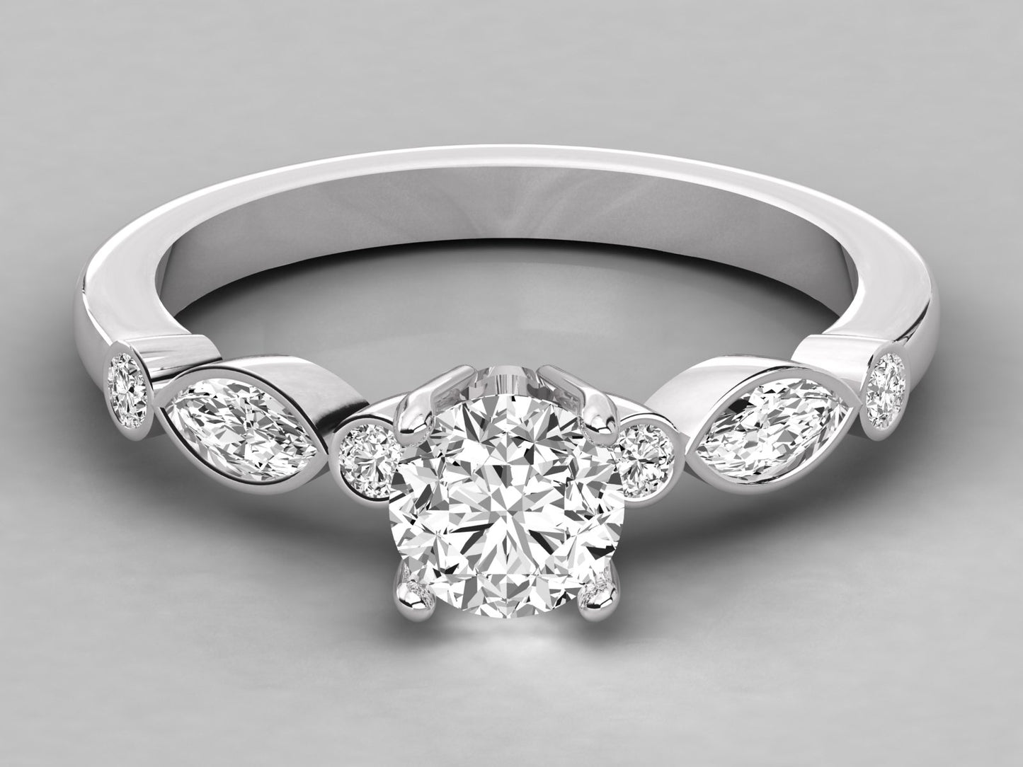 Round Accented Marquise Bezel Engagement Diamond Ring