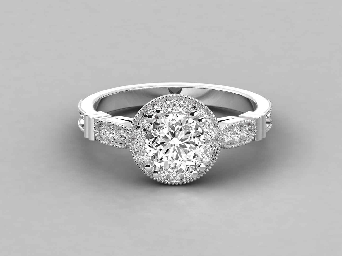 Round Halo Accented French Bead Engagement Diamond Ring