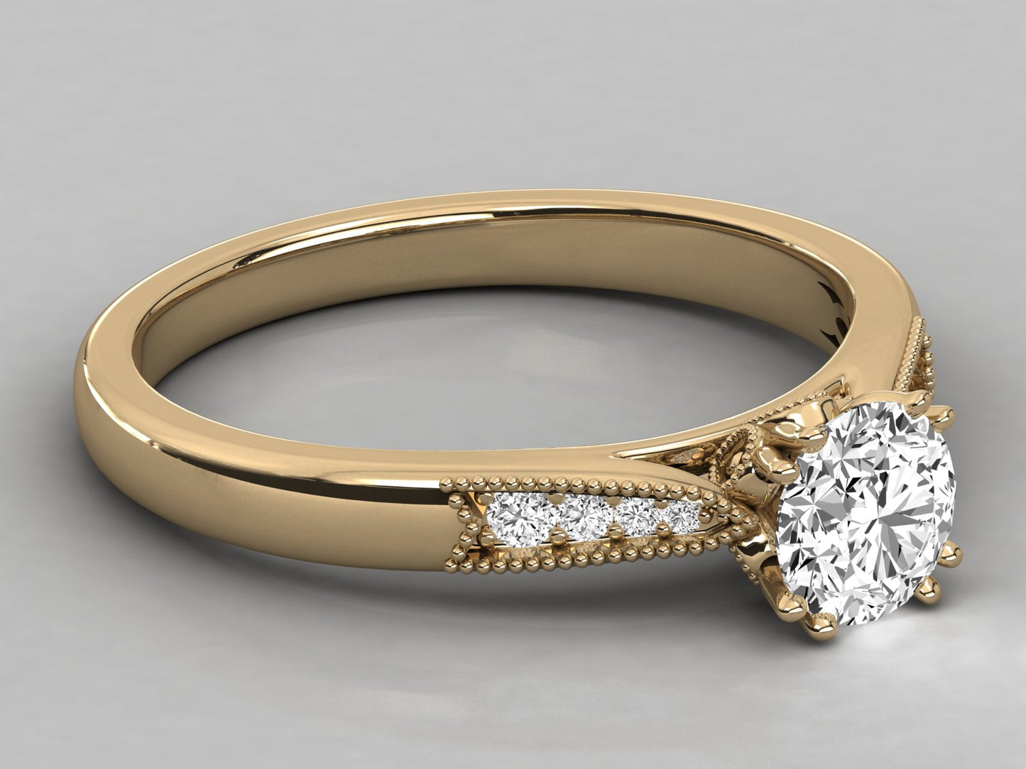 Round Accented French Bead Engagement Diamond Ring