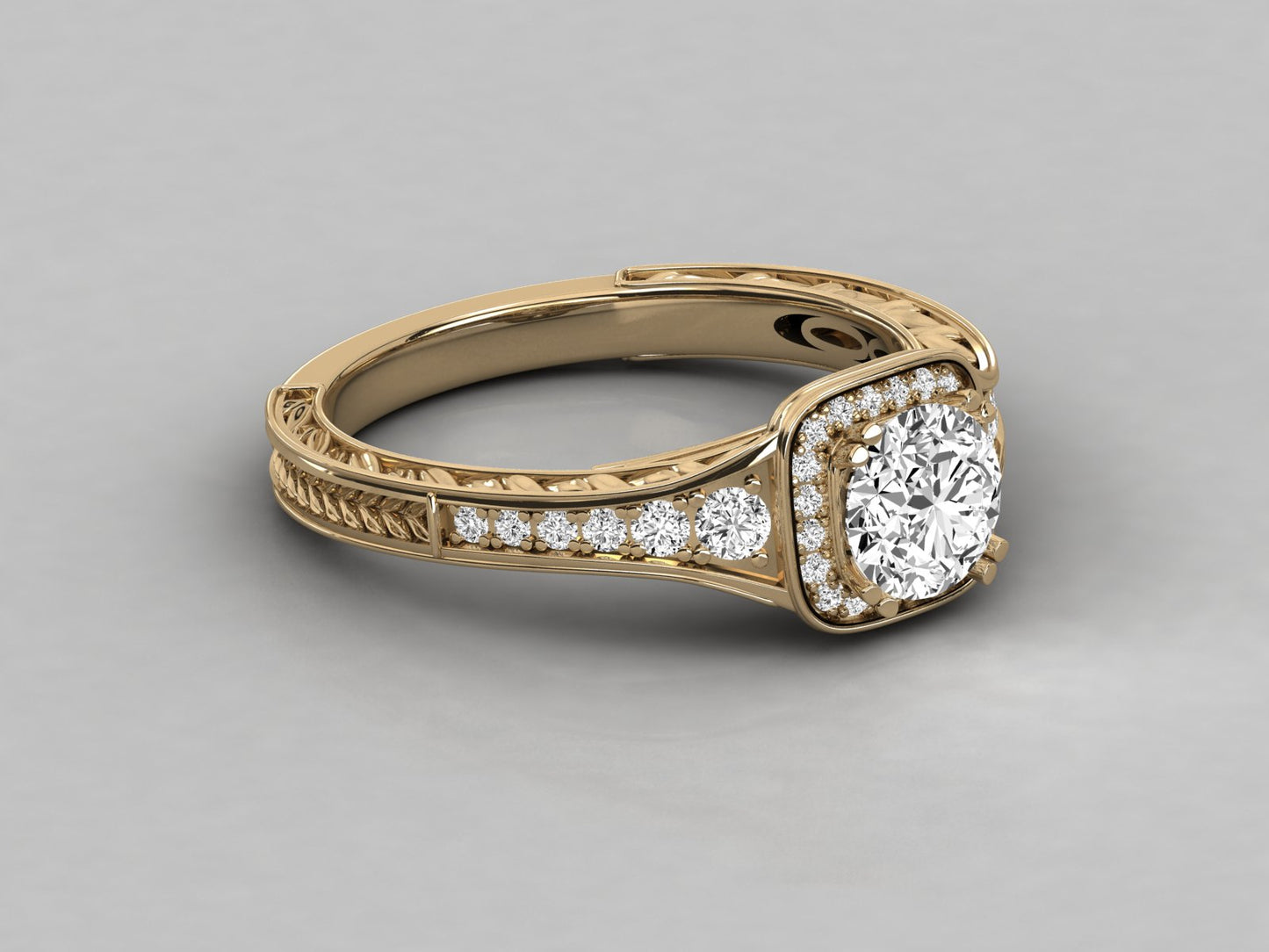 Round Halo Engraved Engagement Diamond Ring