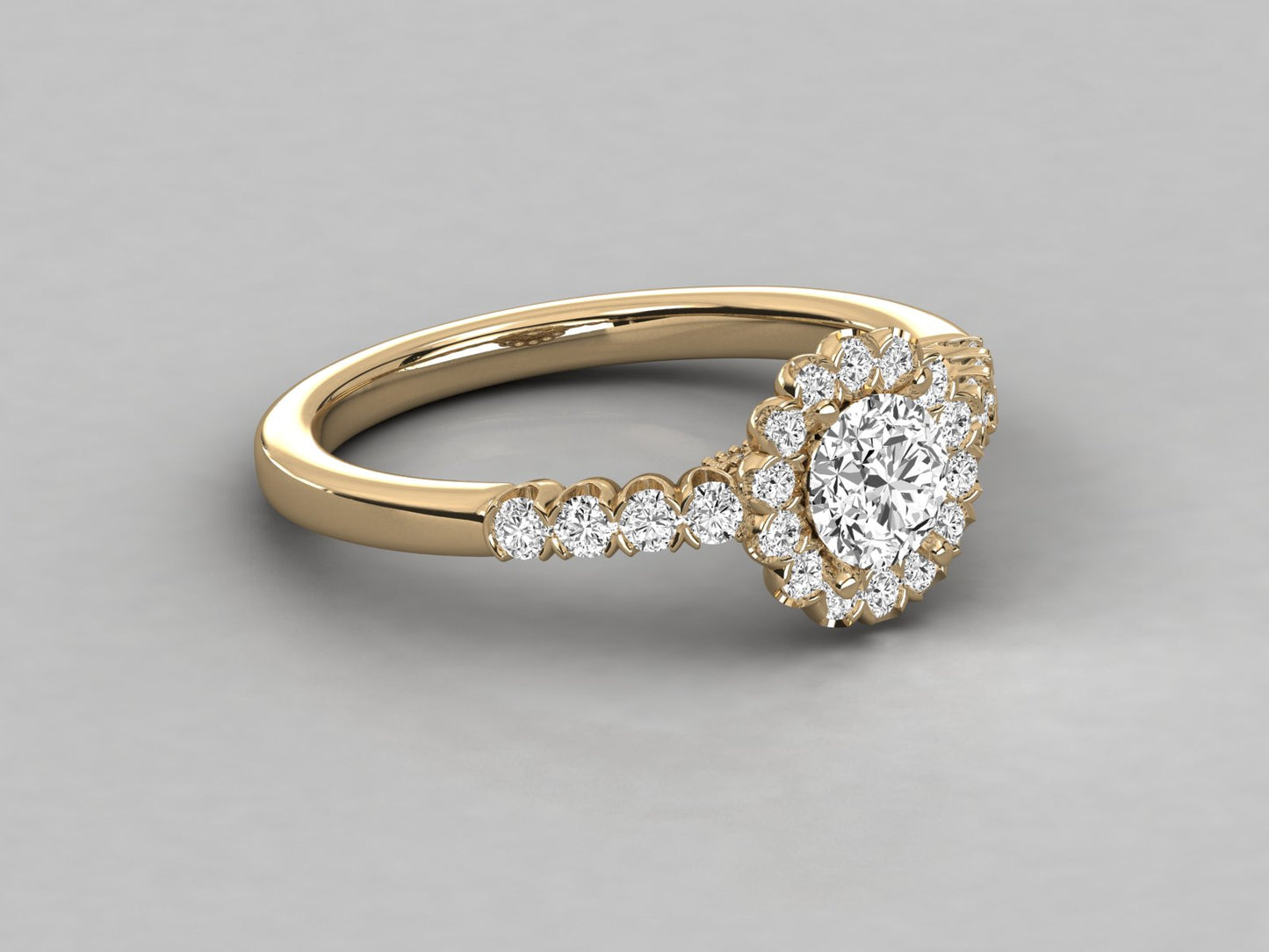 Round Flower Halo Accented Engagement Diamond Ring