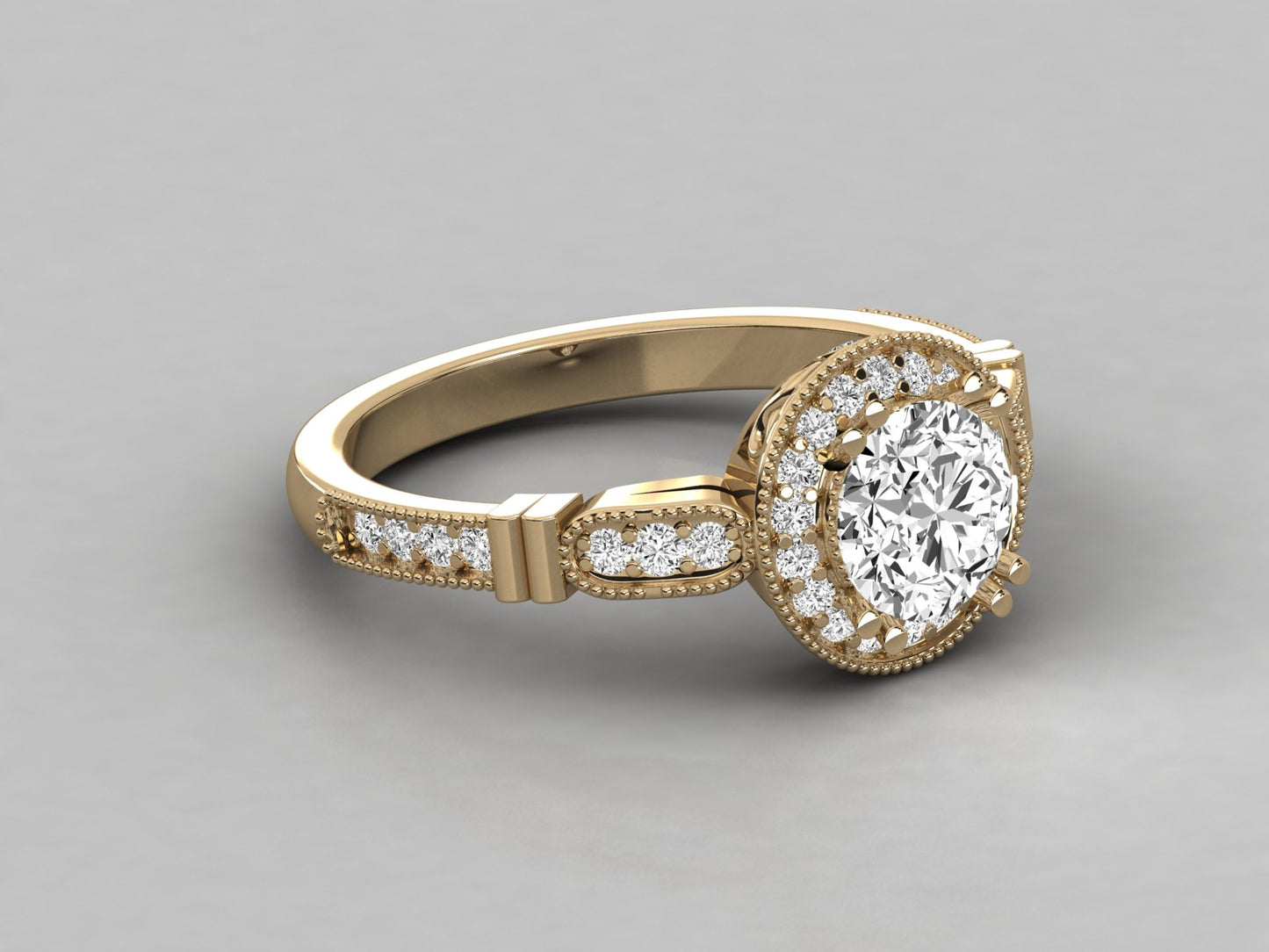 Round Halo Accented French Bead Engagement Diamond Ring