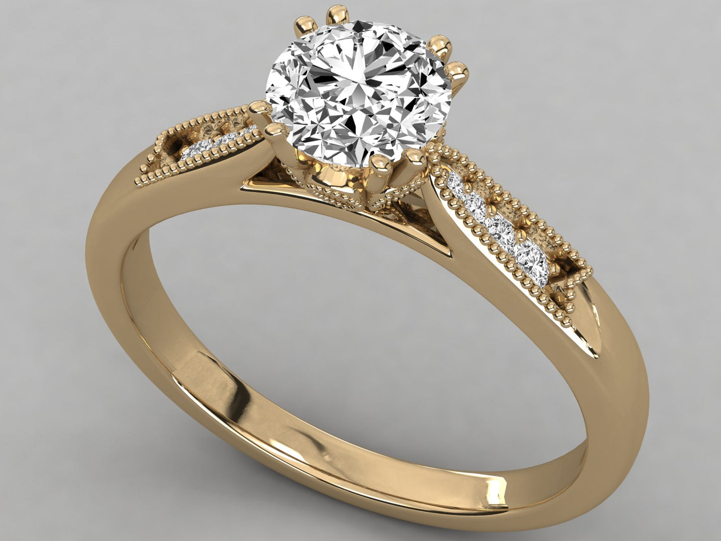 Round Accented French Bead Engagement Diamond Ring