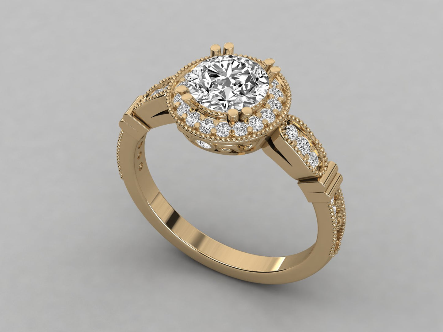 Round Halo Accented French Bead Engagement Diamond Ring