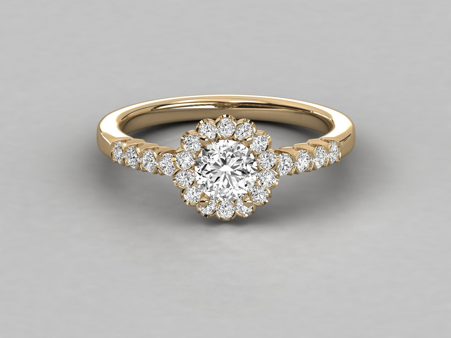 Round Flower Halo Accented Engagement Diamond Ring