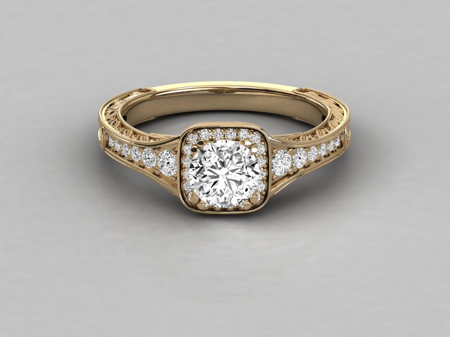 Round Halo Engraved Engagement Diamond Ring