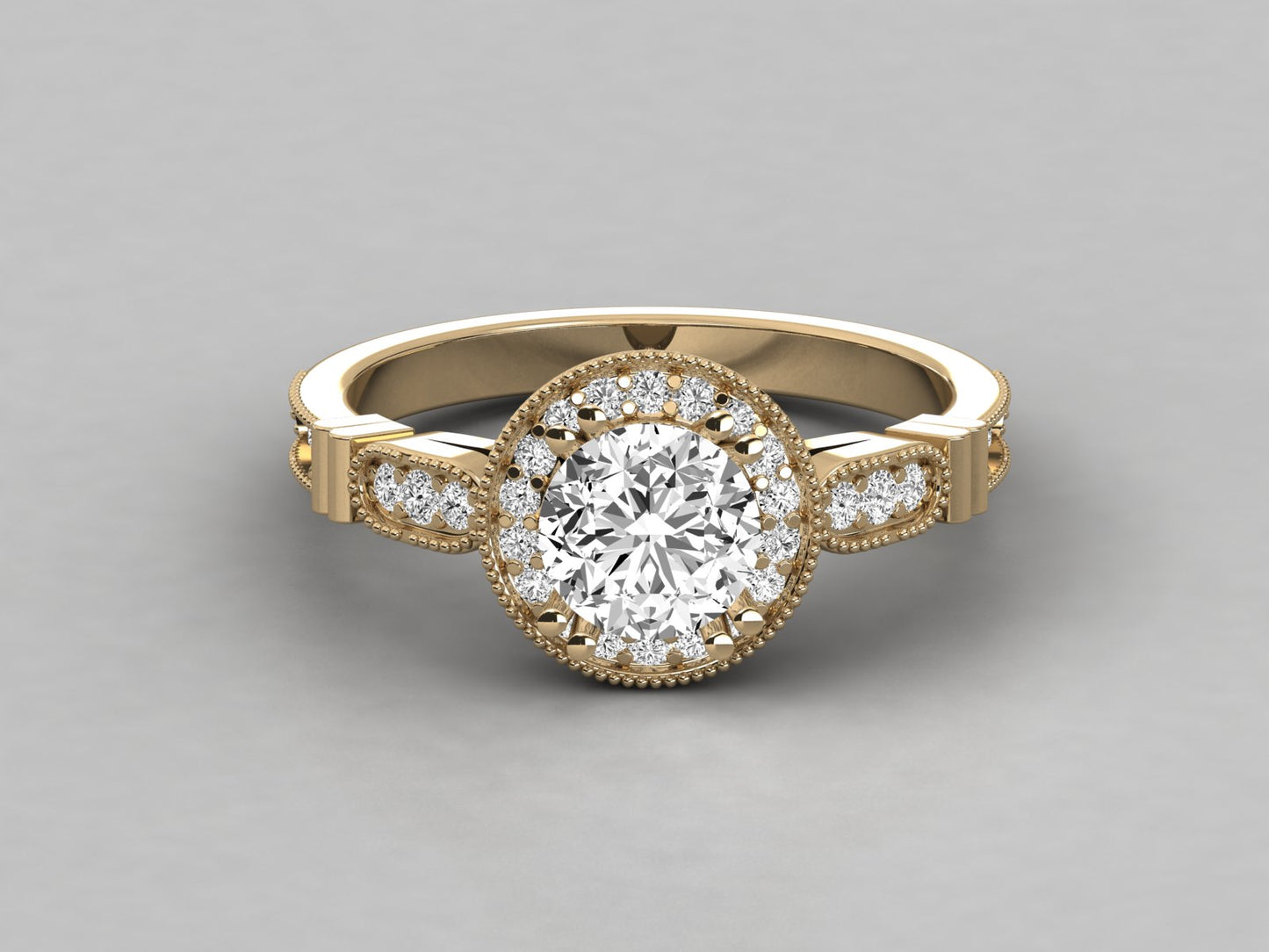 Round Halo Accented French Bead Engagement Diamond Ring