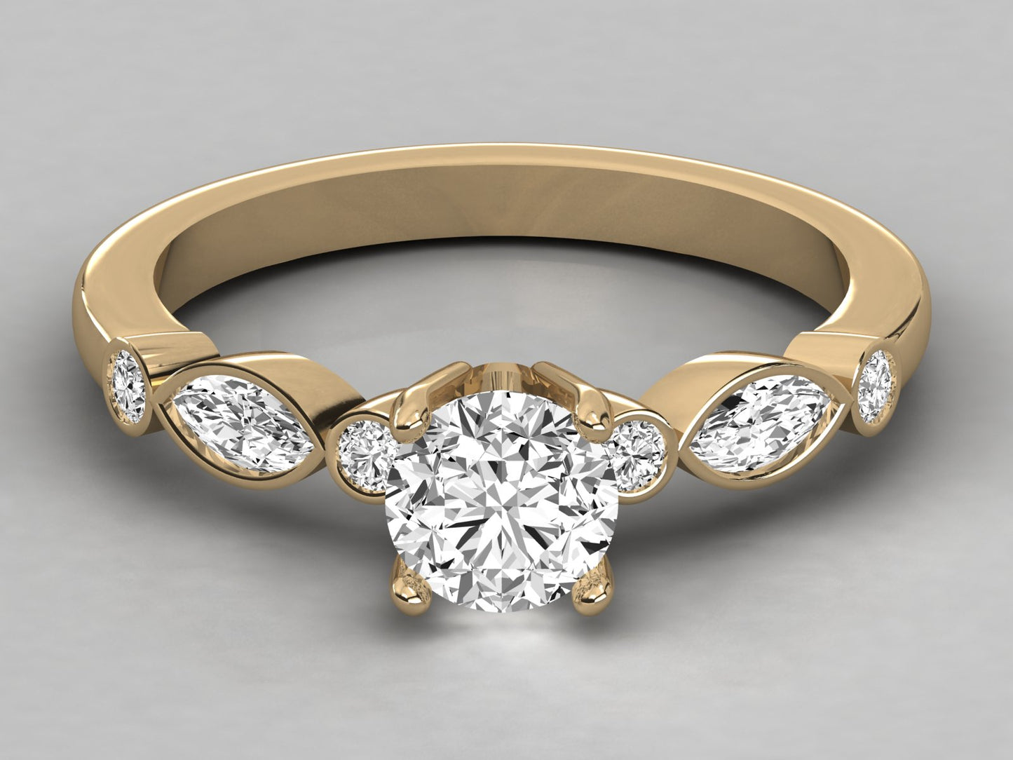 Round Accented Marquise Bezel Engagement Diamond Ring