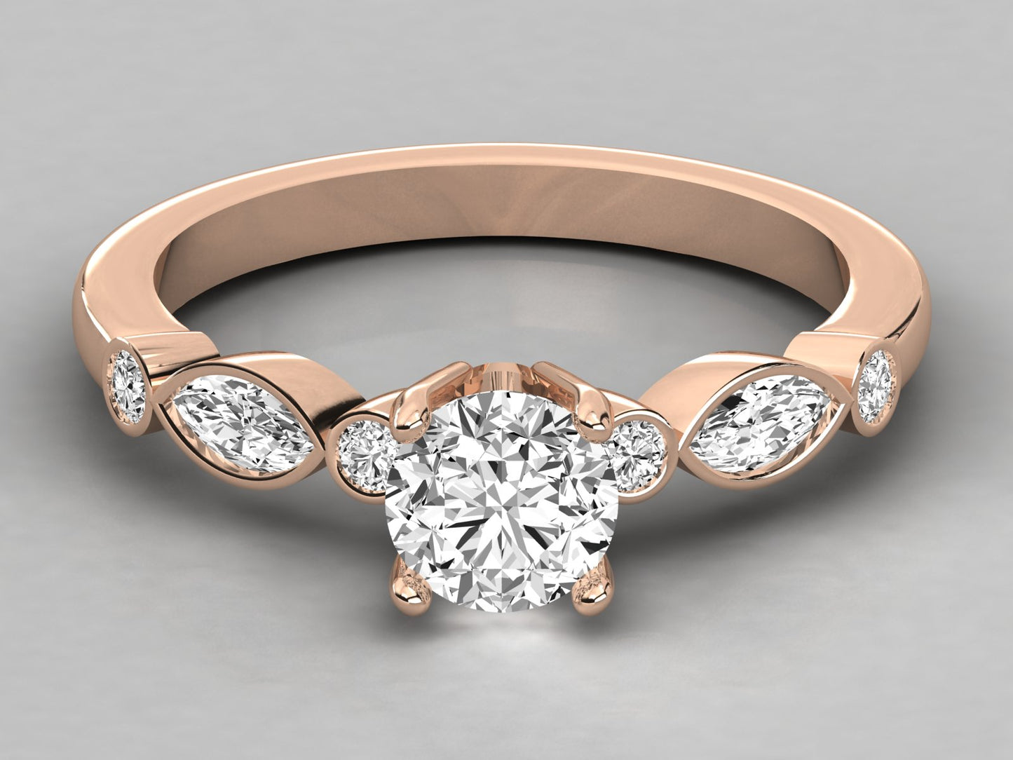 Round Accented Marquise Bezel Engagement Diamond Ring