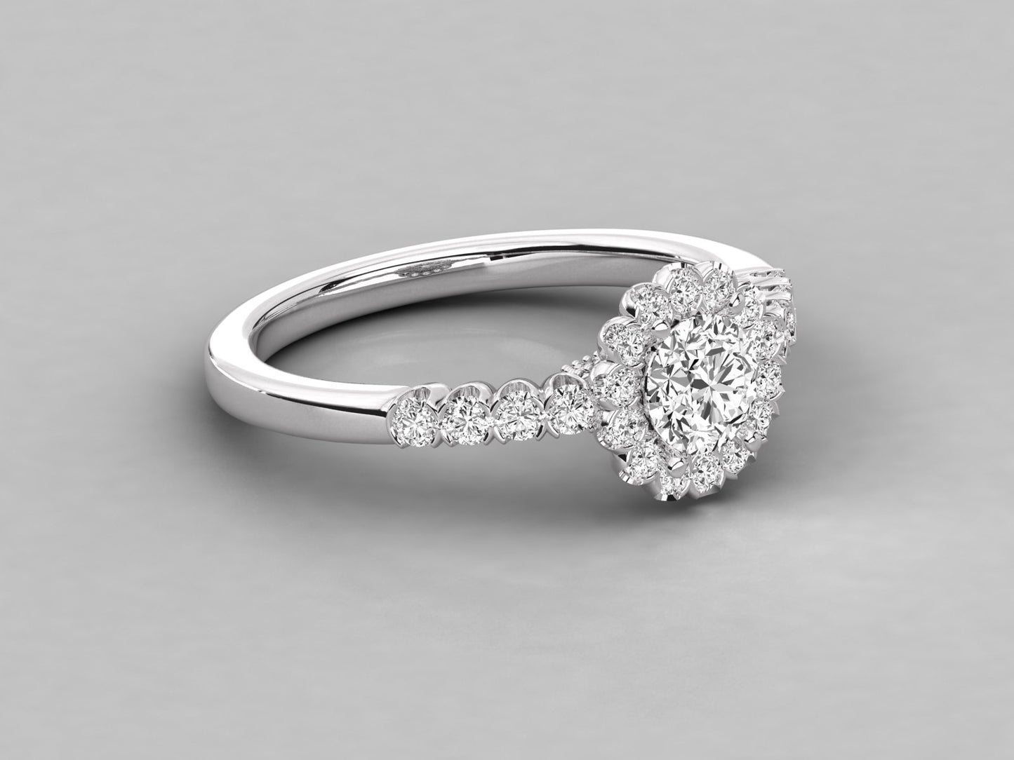 Round Flower Halo Accented Engagement Diamond Ring
