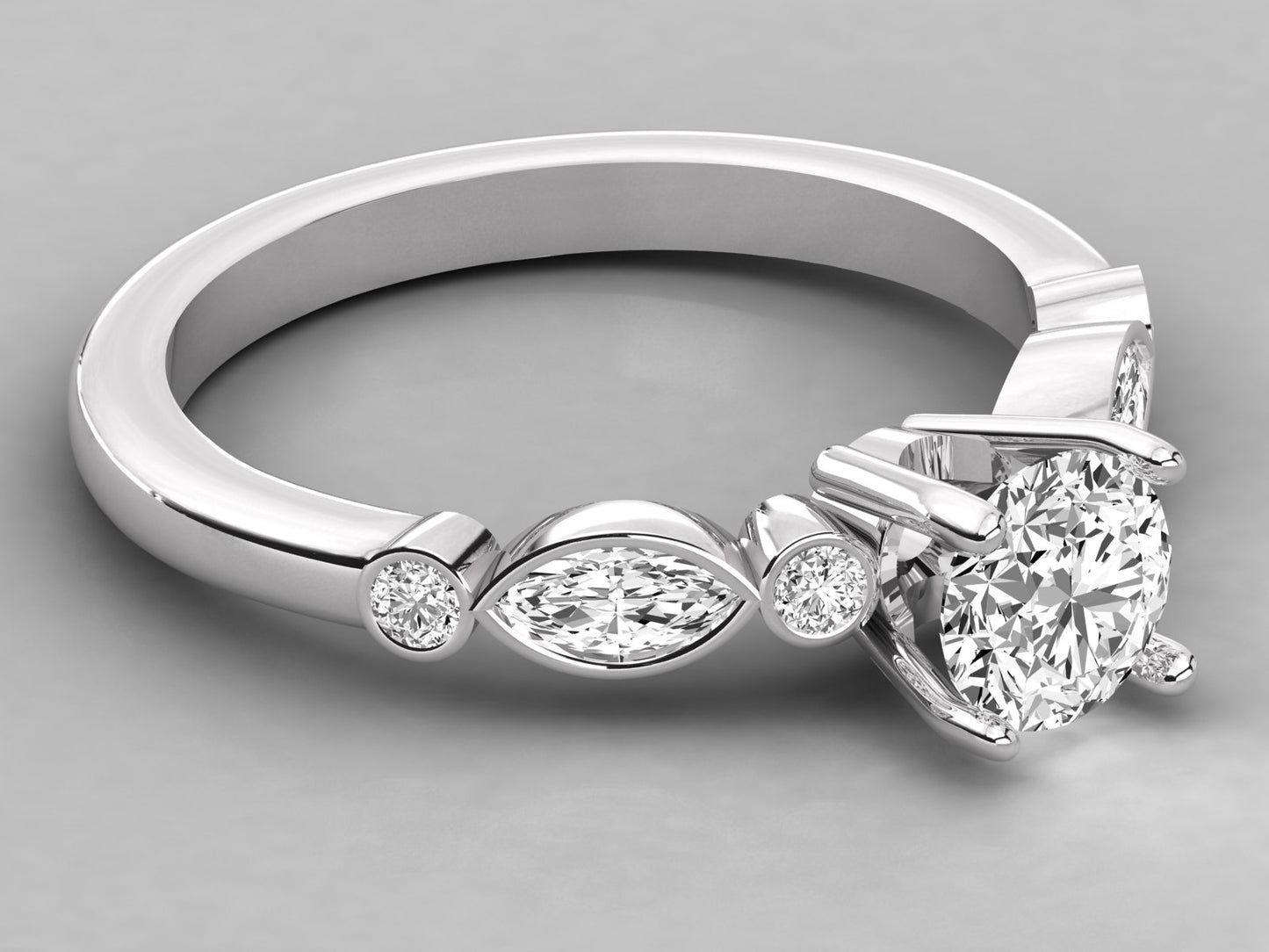 Round Accented Marquise Bezel Engagement Diamond Ring