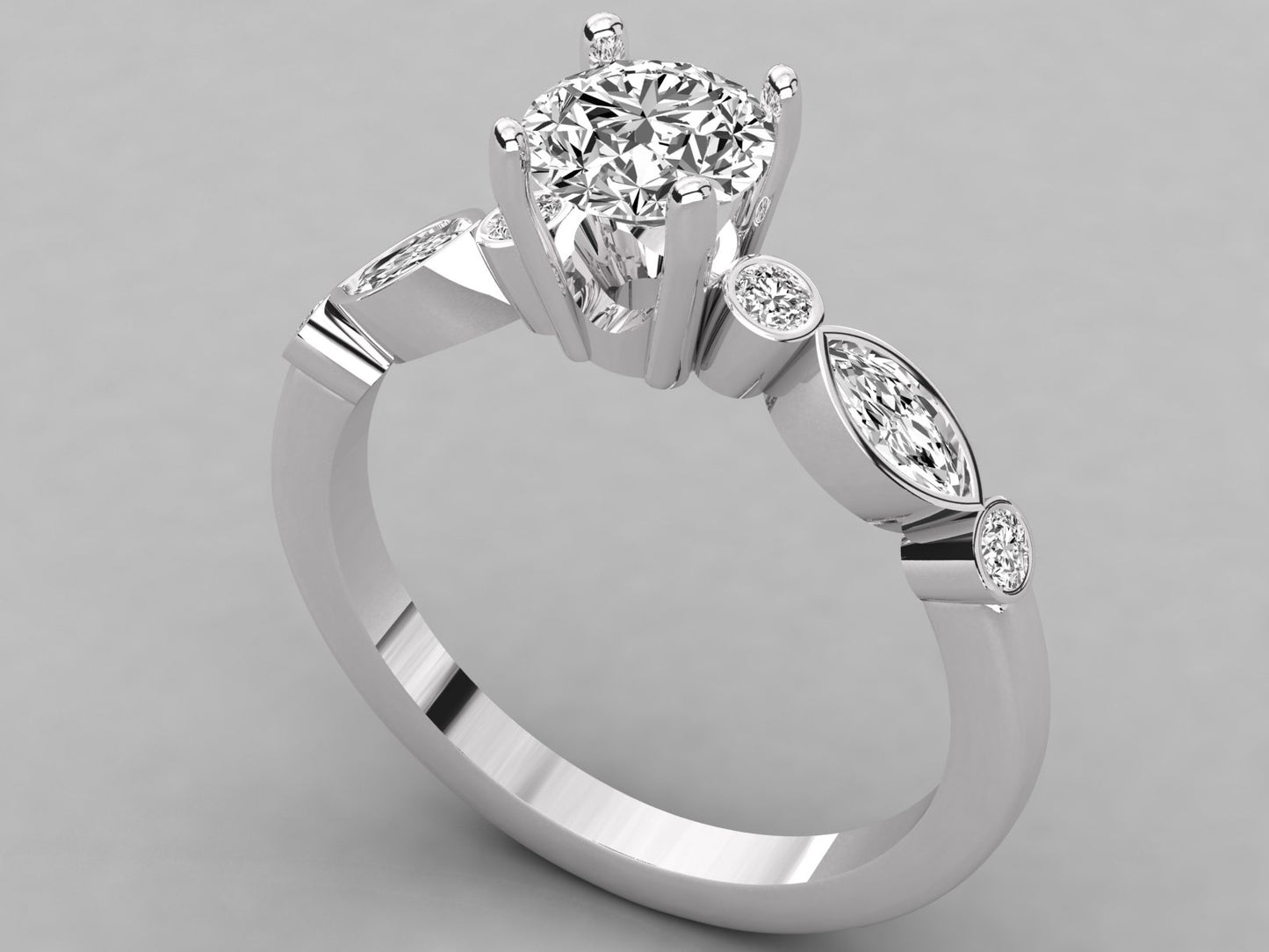 Round Accented Marquise Bezel Engagement Diamond Ring