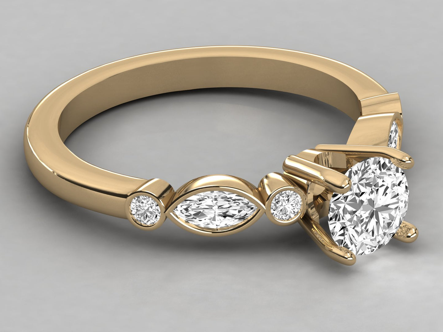 Round Accented Marquise Bezel Engagement Diamond Ring