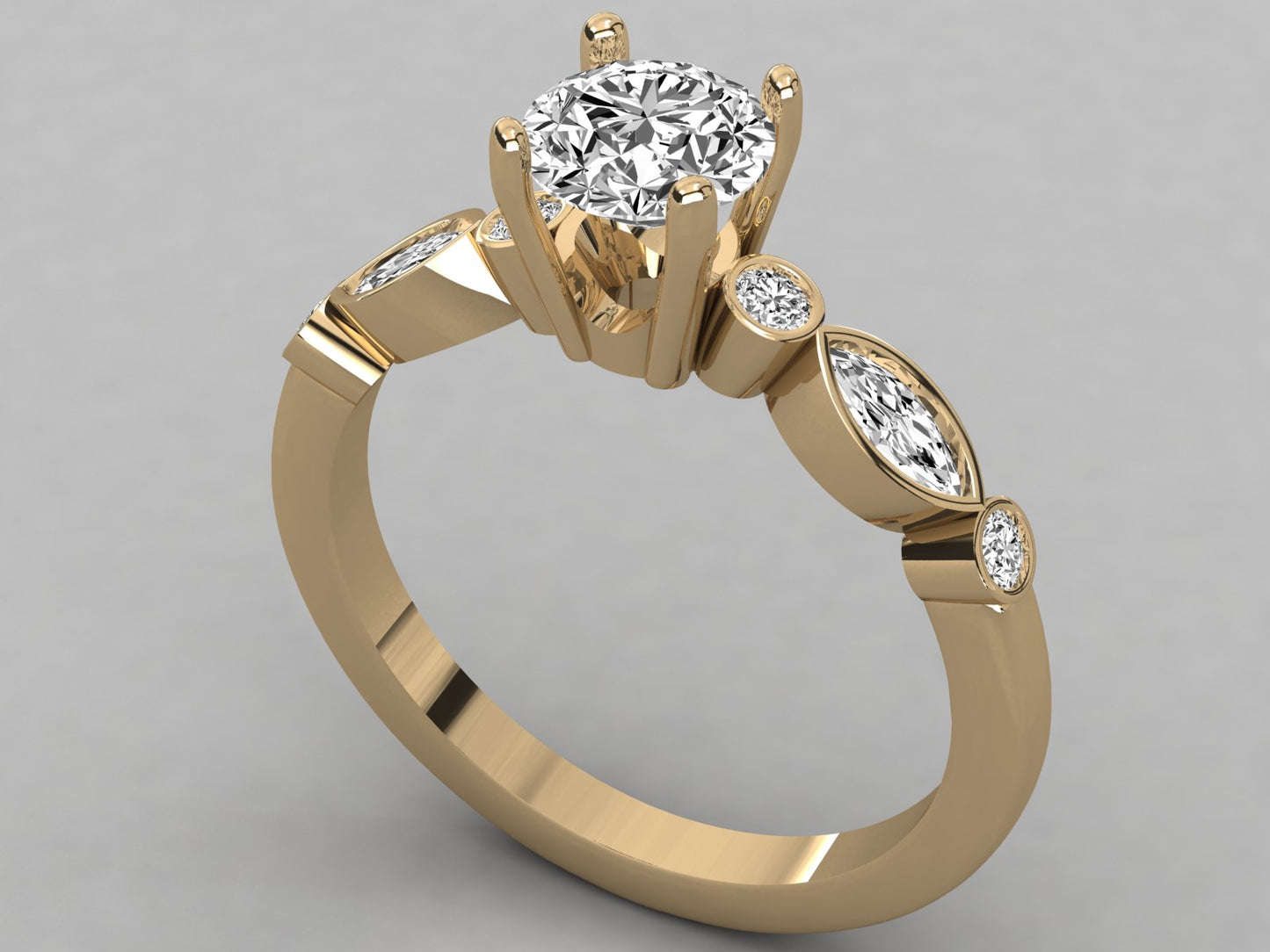 Round Accented Marquise Bezel Engagement Diamond Ring