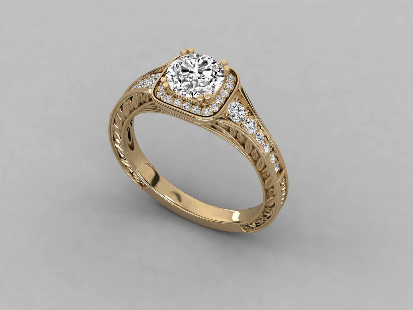 Round Halo Engraved Engagement Diamond Ring
